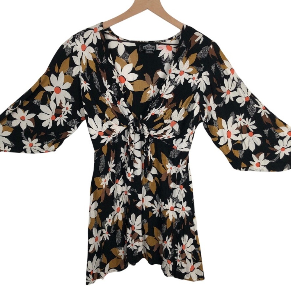 VTG ANGIE Y2K Floral Tie Front Bell Sleeve Mini Dress Tunic Sz S Black Daisy